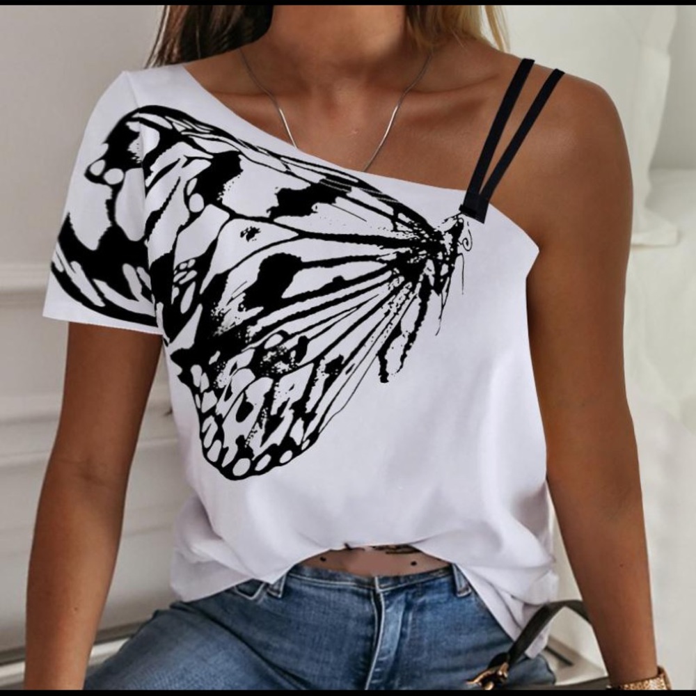 Women's White Butterfly Graphic Short Sleeve Tee